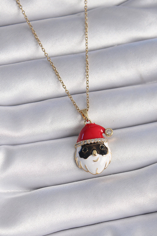 BKO9445 - 316L Çelik Gold Renk Zincir Zirkon Taşlı Yılbaşı Temalı Noel Baba Figür Kadın Kolye