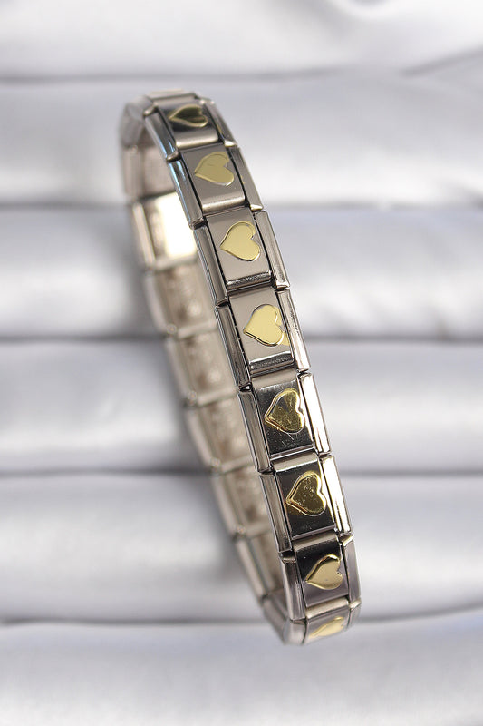 BB6460 - 316L Çelik Gümüş Renk Gold Kalp İşleme Nomination Charm Bileklik