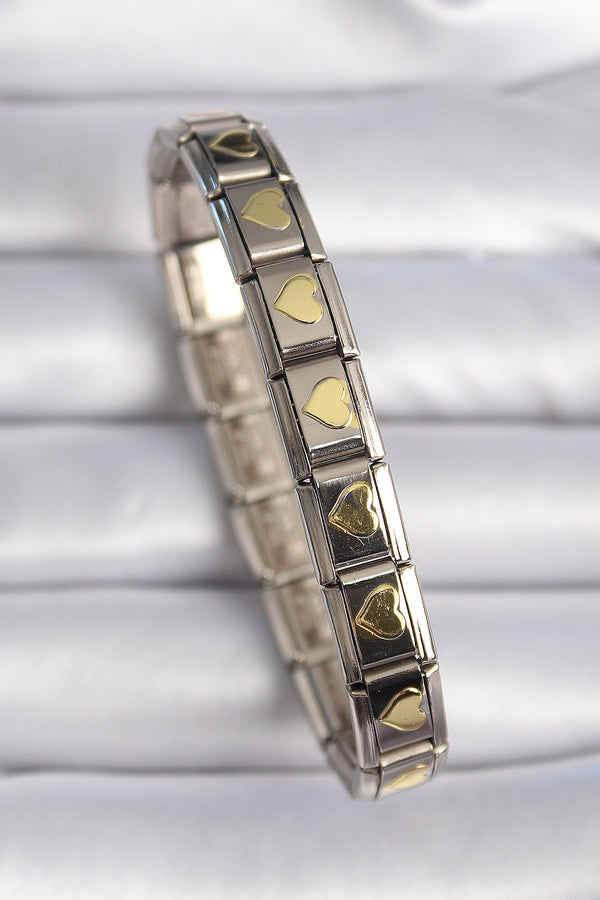 BB6460 - 316L Çelik Gümüş Renk Gold Kalp İşleme Nomination Charm Bileklik