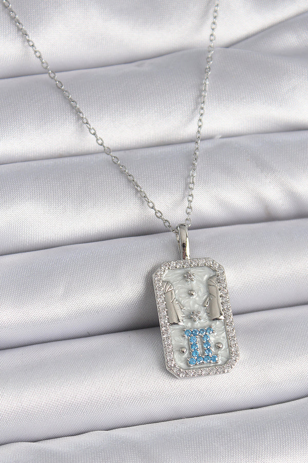 BKO9446 - 316L Çelik Gümüş Renk Zincir İkizler Burcu Zirkon Taşlı Kadın Kolye