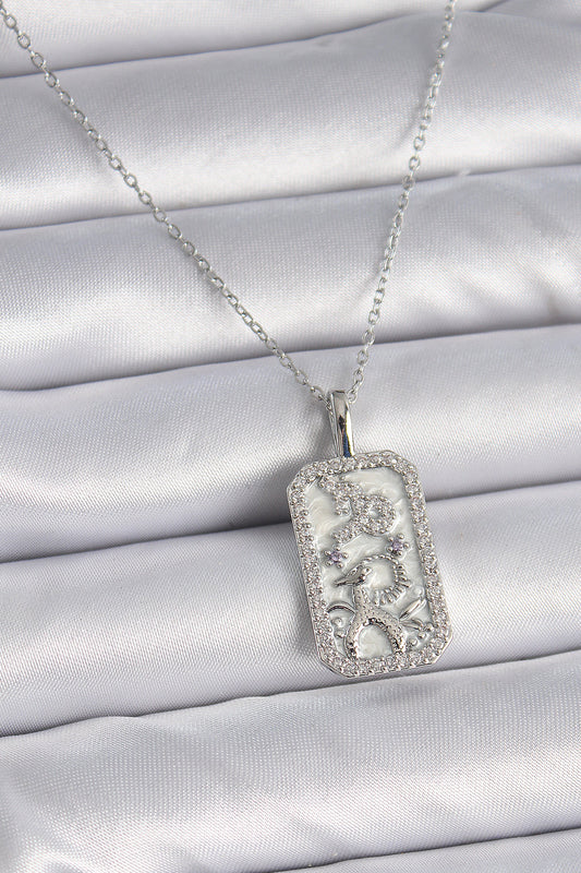 BKO9449 - 316L Çelik Gümüş Renk Zincir Oğlak Burcu Zirkon Taşlı Kadın Kolye