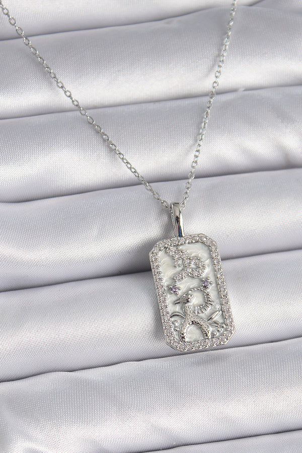 BKO9449 - 316L Çelik Gümüş Renk Zincir Oğlak Burcu Zirkon Taşlı Kadın Kolye