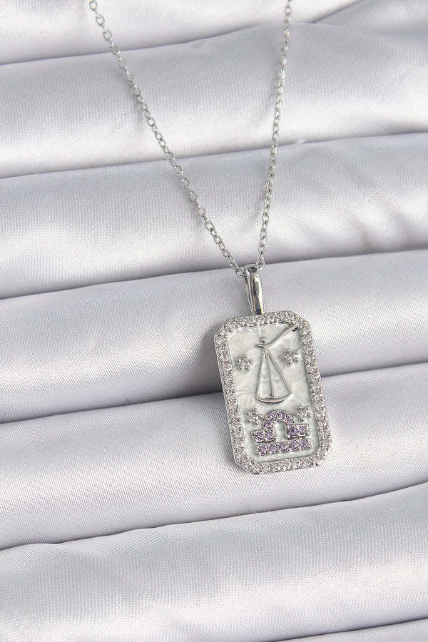 BKO9454 - 316L Çelik Gümüş Renk Terazi Burcu Zirkon Taşlı Kadın Kolye