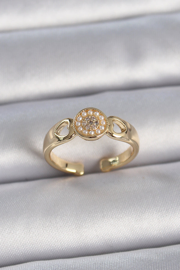 BYK3358 - Pirinç Gold Renk Zirkon Taşlı İncili Kalp İşleme Detay Ayarlanabilir Kadın Yüzük