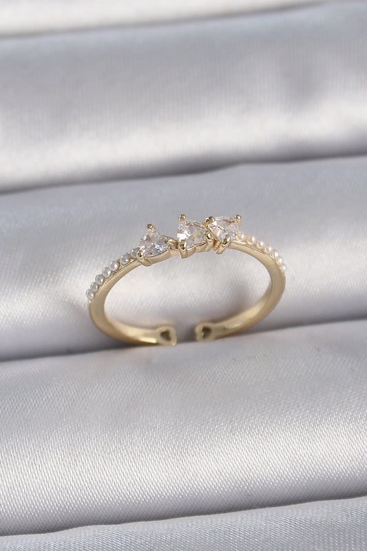 BYK3362 - Pirinç Gold Renk Zirkon Taşlı Kalp İnci Detaylı Ayarlanabilir Model Kadın Yüzük