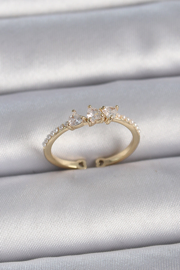 BYK3362 - Pirinç Gold Renk Zirkon Taşlı Kalp İnci Detaylı Ayarlanabilir Model Kadın Yüzük