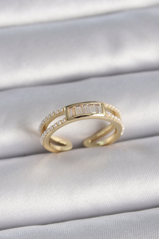 BYK3380 - Pirinç Gold Renk Ayarlanabilir Sıralı İncili Zirkon Taş Detaylı Kadın Yüzük