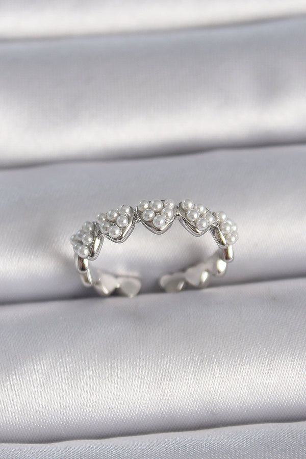 BYK3411 - Pirinç Gümüş Renk Ayarlanabilir İncili Kalp Model Kadın Yüzük