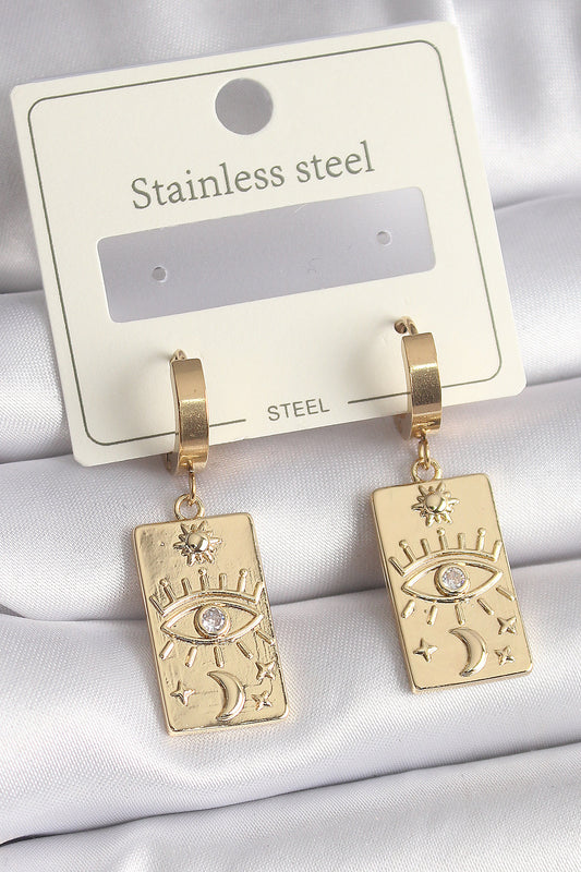 BKP9698 - 316L Çelik Gold Renk Zirkon Taşlı Göz İşleme Detay Plaka Model Kadın Küpe