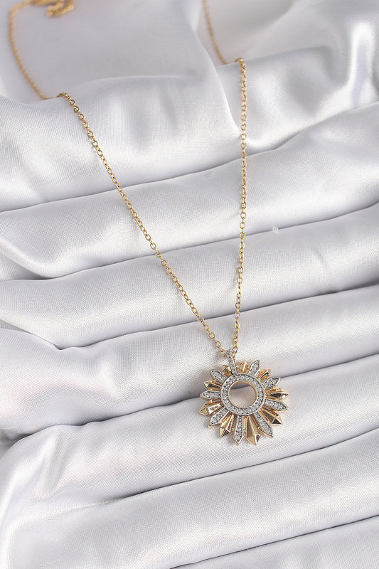 BKO9477 - 316L Çelik Gold Renk Zincir Zirkon Taşlı Mix Renk Güneş Model Kadın Kolye