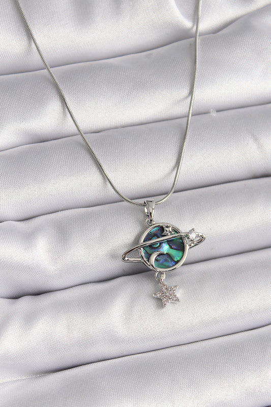 BKO9478 - 316L Çelik Gümüş Renk Zincir Zirkon Taşlı Gezegen Model Kadın Kolye