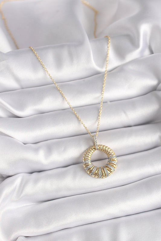 316L Çelik Gold Renk Zincir Gümüş Zirkon Taşlı Daire Model Kadın Kolye - BKO9481