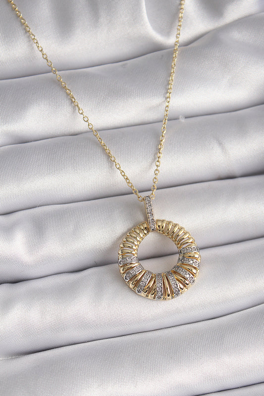 BKO9481 - 316L Çelik Gold Renk Zincir Gümüş Zirkon Taşlı Daire Model Kadın Kolye