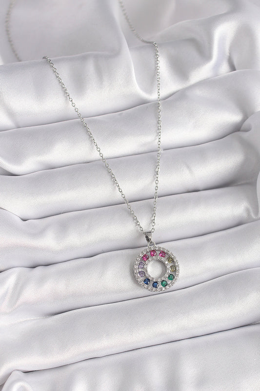 BKO9489 - 316L Çelik Gümüş Renk Zincir Renkli Zirkon Taşlı Madalyon Model Kadın Kolye