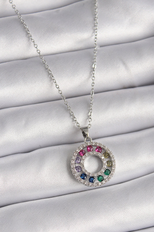 BKO9489 - 316L Çelik Gümüş Renk Zincir Renkli Zirkon Taşlı Madalyon Model Kadın Kolye