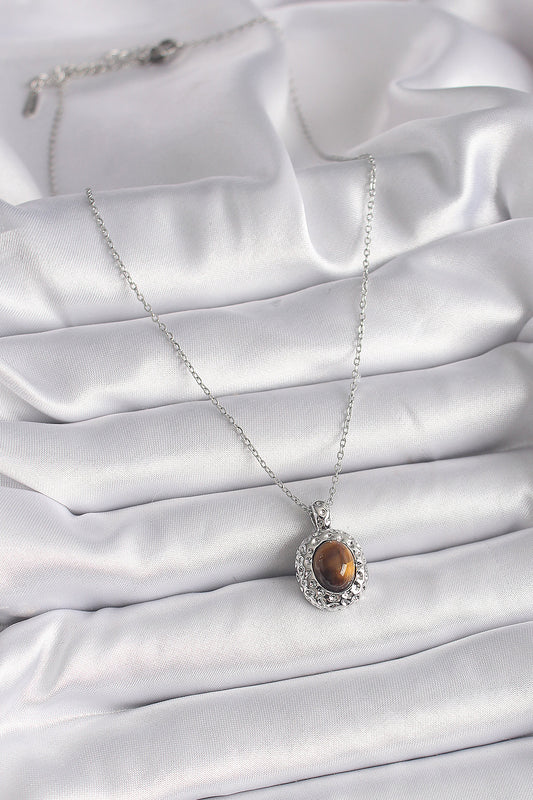 BKO9491 - 316L Çelik Gümüş Renk Zincir Kehribar Boncuk Model Kadın Kolye