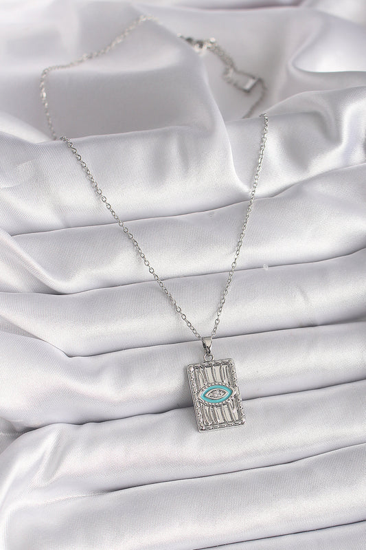 BKO9508 - 316L Çelik Gümüş Renk Zincir Göz İşlemeli Madalyon Model Kadın Kolye