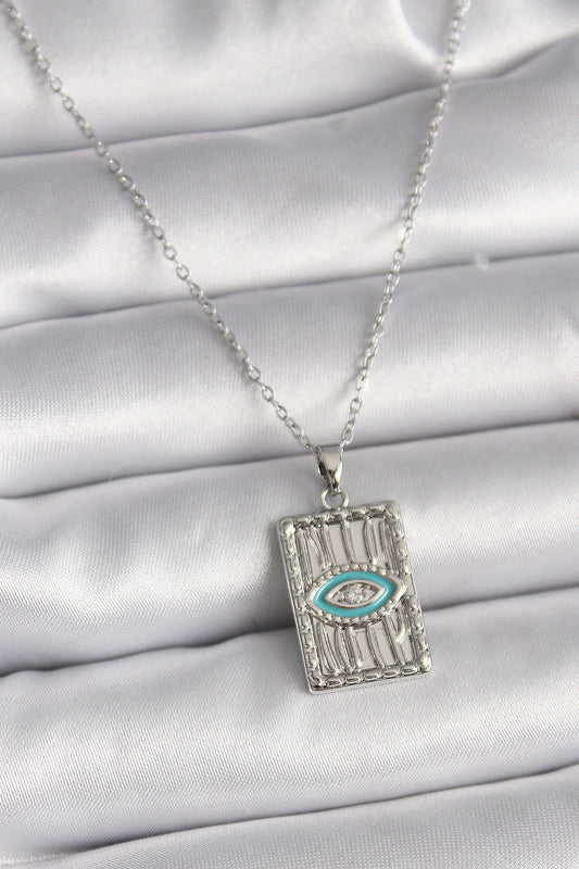 BKO9508 - 316L Çelik Gümüş Renk Zincir Göz İşlemeli Madalyon Model Kadın Kolye