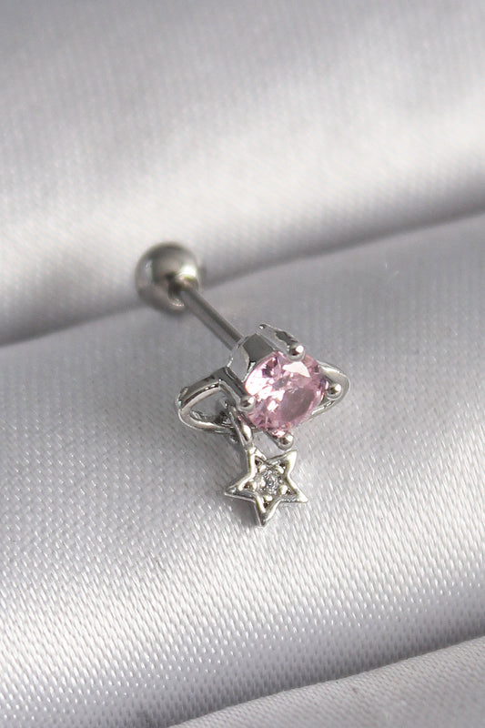 PR1237 - 316L Çelik Gümüş Renk Pembe Zirkon Taşlı Sallantı Yıldız Detay Tragus Piercing