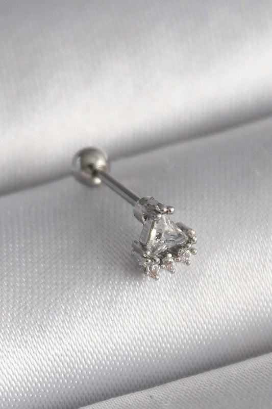 316L Çelik Gümüş Renk Üçgen Zirkon Taşlı Tragus Piercing - PR1239
