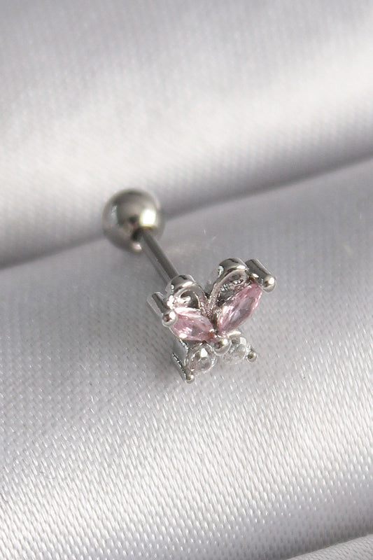 316L Çelik Gümüş Renk Pembe Zirkon Taşlı Kelebek Tragus Piercing - PR1241