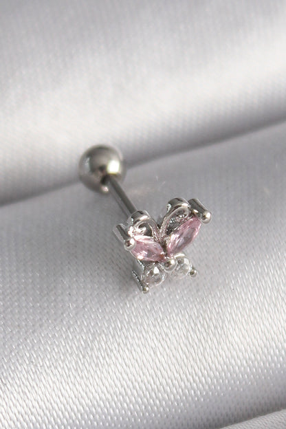 PR1241 - 316L Çelik Gümüş Renk Pembe Zirkon Taşlı Kelebek Tragus Piercing