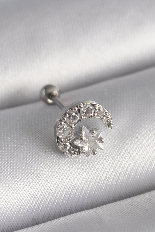 PR1257 - 316L Çelik Gümüş Renk Zirkon Taşlı Ay Yıldız Tragus Piercing