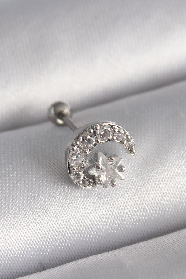 PR1257 - 316L Çelik Gümüş Renk Zirkon Taşlı Ay Yıldız Tragus Piercing