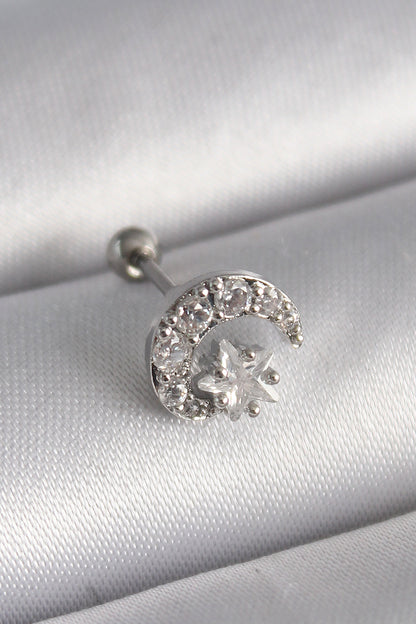 PR1257 - 316L Çelik Gümüş Renk Zirkon Taşlı Ay Yıldız Tragus Piercing