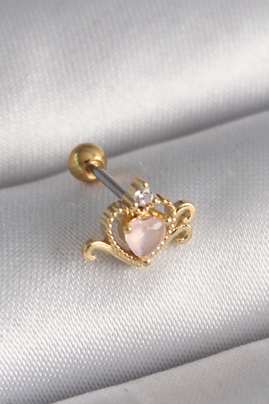316L Çelik Gold Renk Pembe Mineli Kalp Zirkon Taş Detay Tragus Piercing - PR1260