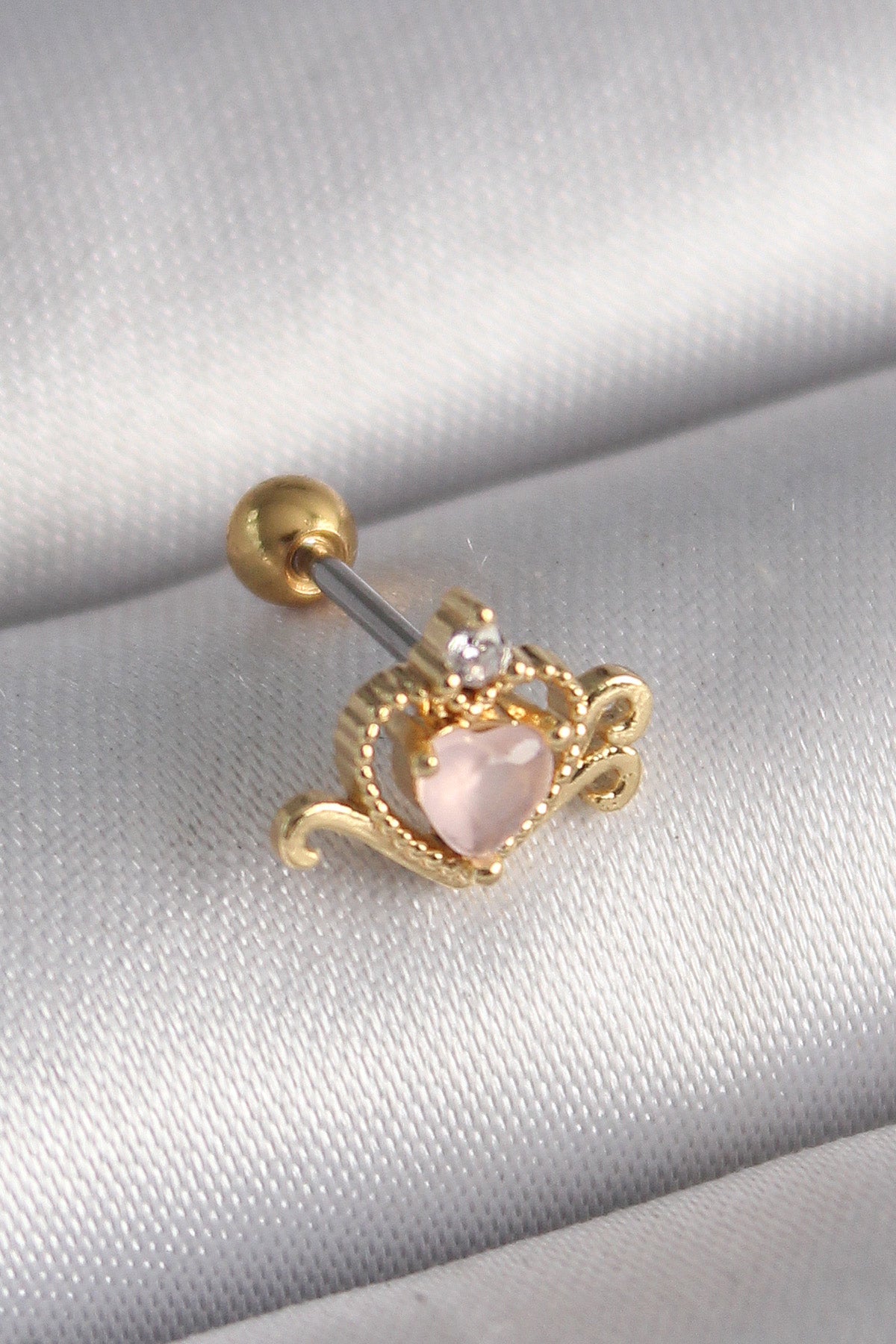 PR1260 - 316L Çelik Gold Renk Pembe Mineli Kalp Zirkon Taş Detay Tragus Piercing