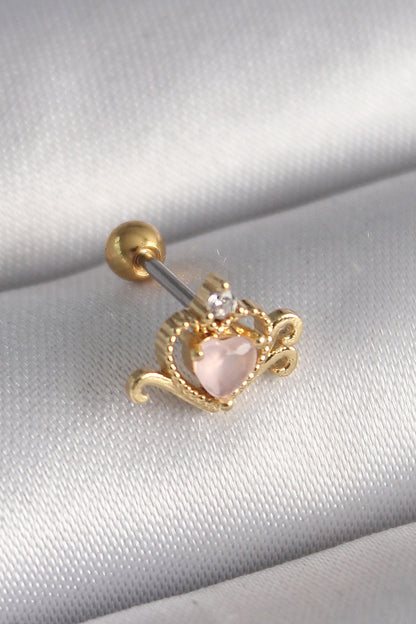 PR1260 - 316L Çelik Gold Renk Pembe Mineli Kalp Zirkon Taş Detay Tragus Piercing