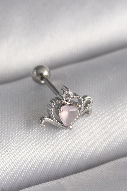 316L Çelik Gümüş Renk Pembe Mineli Kalp Zirkon Taş Detay Tragus Piercing - PR1261