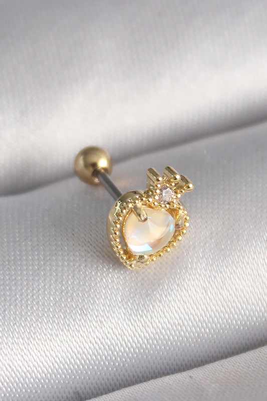 316L Çelik Gold Renk Beyaz Mineli Kalp Zirkon Taş Detaylı Taç Tragus Piercing - PR1262
