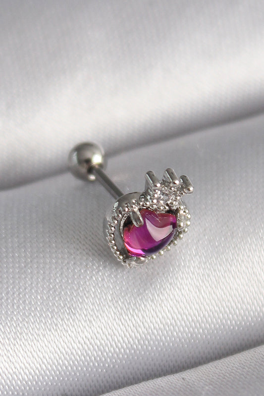 316L Çelik Gümüş Renk Pembe Mineli Kalp Zirkon Taş Detaylı Taç Tragus Piercing - PR1263