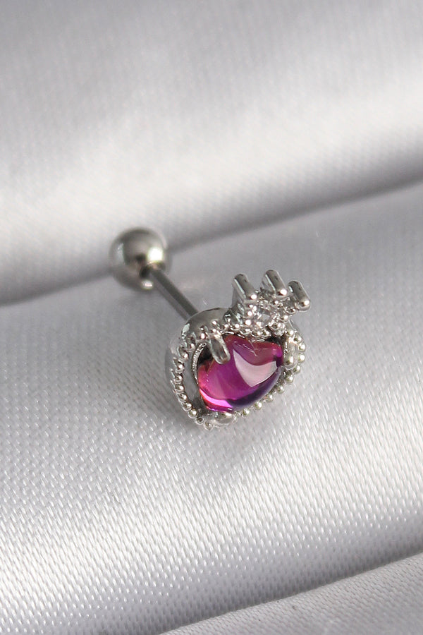 PR1263 - 316L Çelik Gümüş Renk Pembe Mineli Kalp Zirkon Taş Detaylı Taç Tragus Piercing