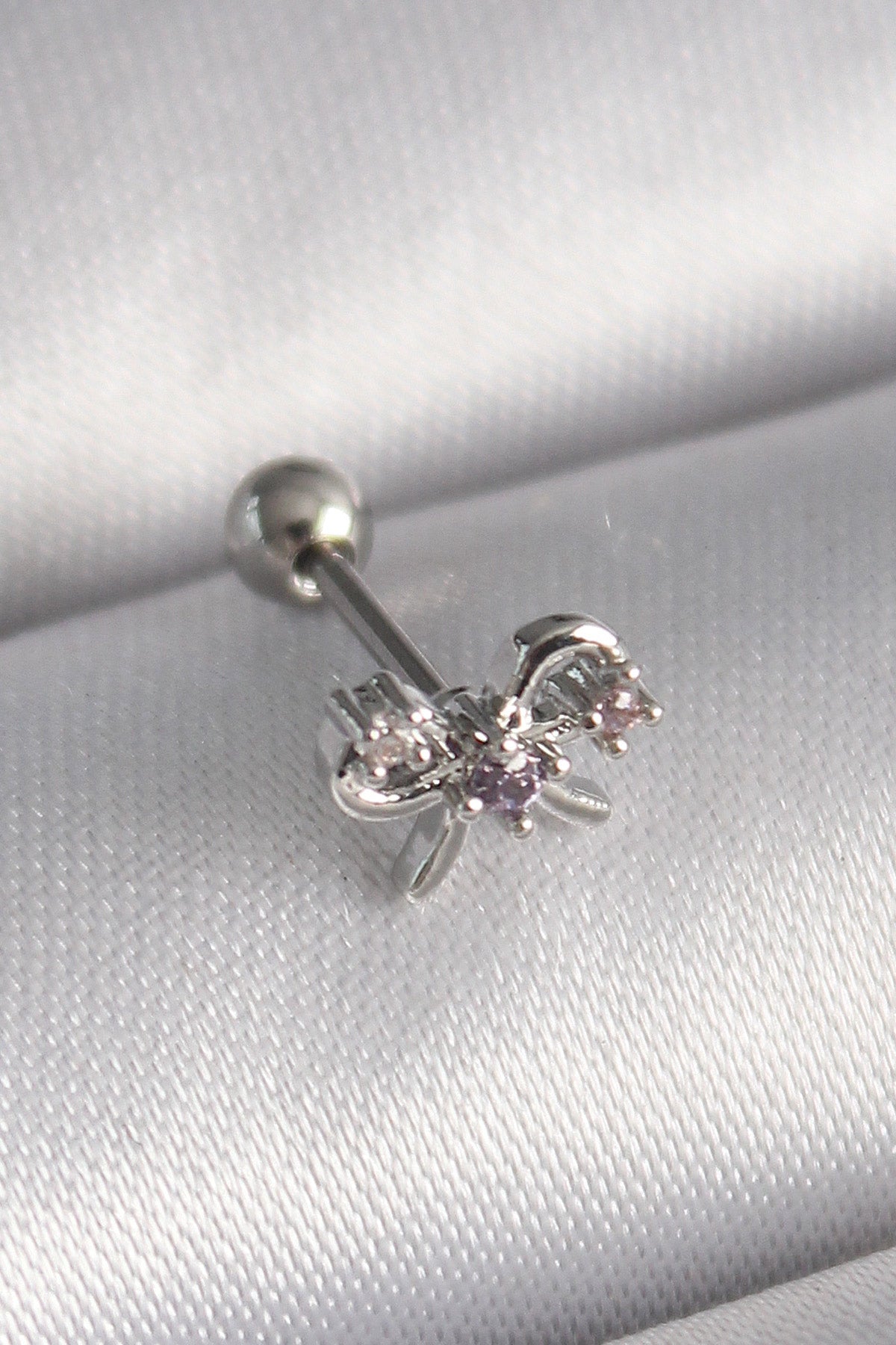 PR1265 - 316L Çelik Gümüş Renk Zirkon Taşlı Kurdele Tragus Piercing