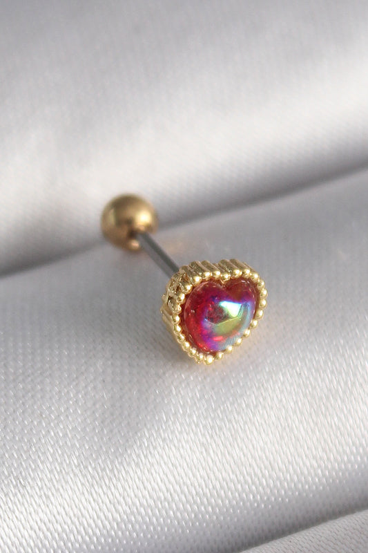 316L Çelik Gold Renk Kırmızı Mineli Kalp Tragus Piercing - PR1266