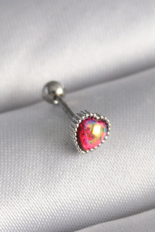 316L Çelik Gümüş Renk Kırmızı Mineli Kalp Tragus Piercing - PR1267