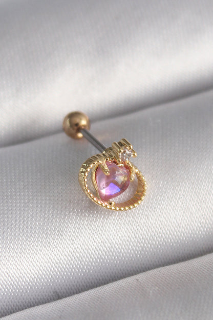 316L Çelik Gold Renk Pembe Mineli Kalp Zirkon Taş Detay Tragus Piercing - PR1272