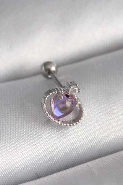 316L Çelik Gümüş Renk Mor Mineli Kalp Zirkon Taş Detay Tragus Piercing - PR1273