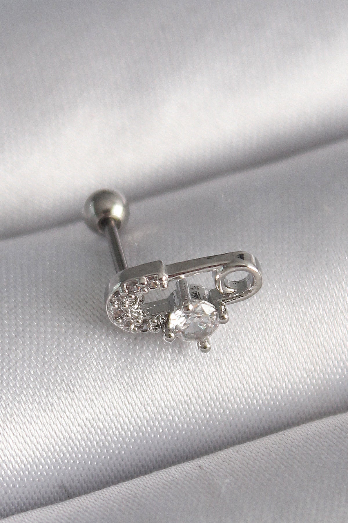 316L Çelik Gümüş Renk Zirkon Taşlı Toplu İğne Tragus Piercing - PR1275