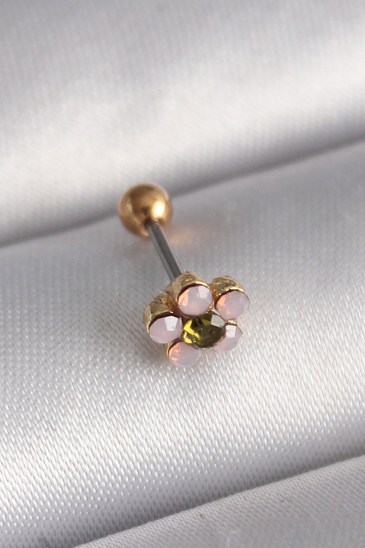 316L Çelik Gold Renk Zirkon Taşlı Çiçek Tragus Piercing - PR1276