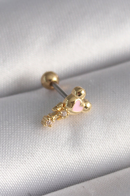 316L Çelik Gold Renk Zirkon Taş Detay Pembe Kalp İşleme Tragus Piercing - PR1280