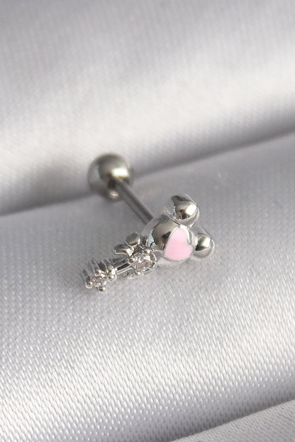 316L Çelik Gümüş Renk Zirkon Taş Detay Pembe Kalp İşleme Tragus Piercing - PR1281
