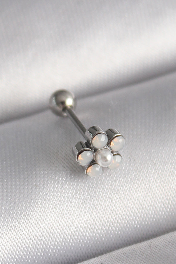 PR1283 - 316L Çelik Gümüş Renk Zirkon Taşlı Çiçek Model Tragus Piercing