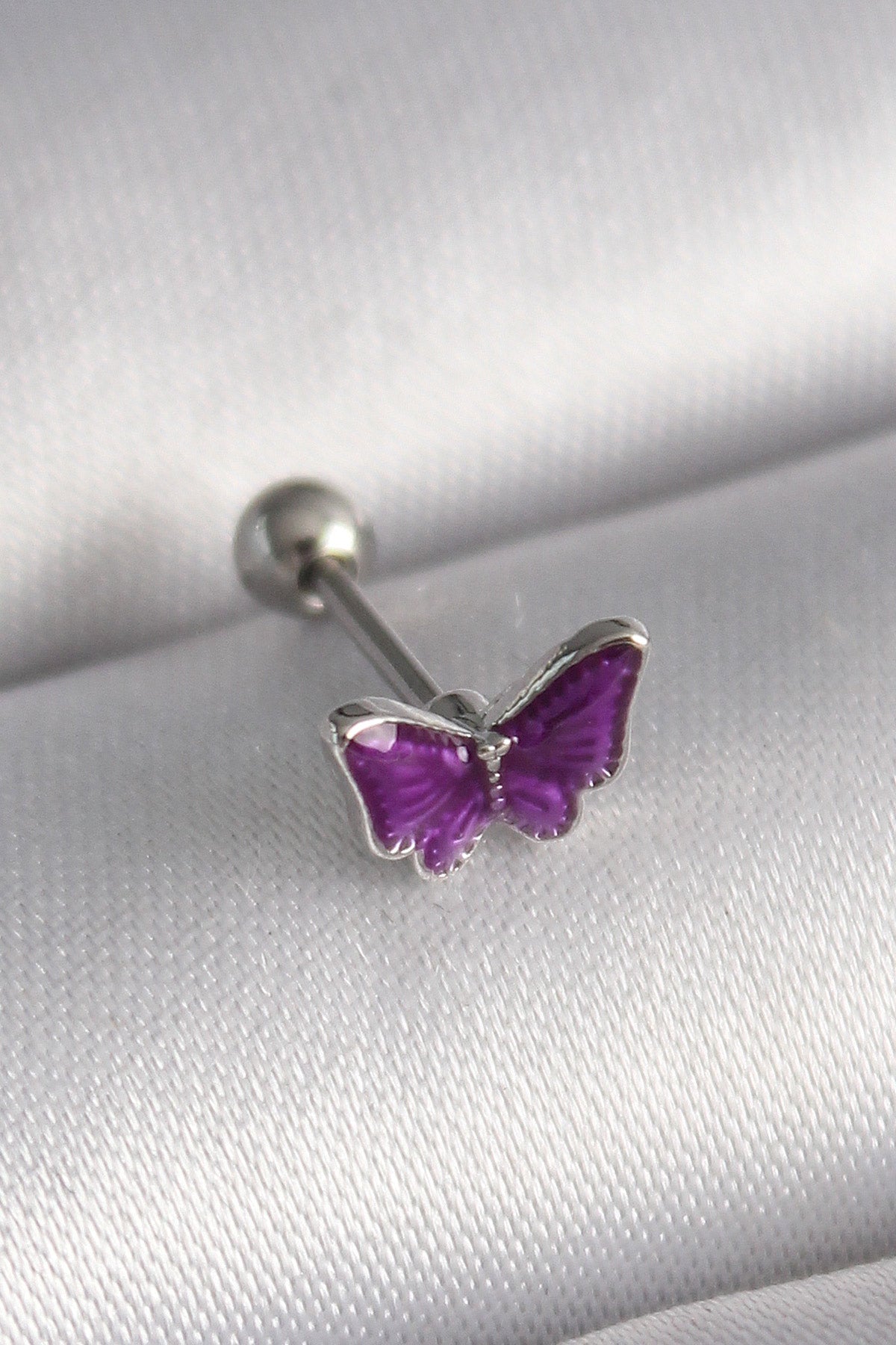 316L Çelik Gümüş Renk Mor Kelebek Model Tragus Piercing - PR1287