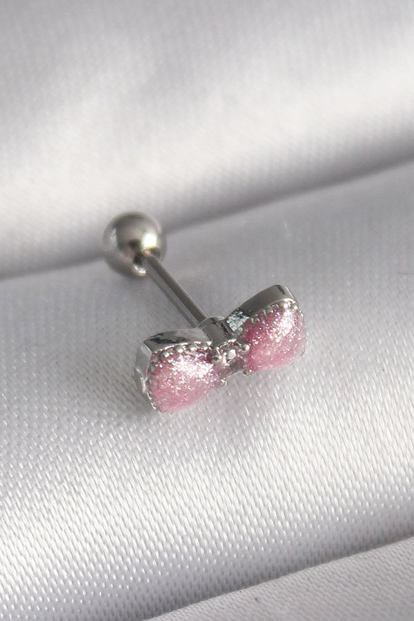 PR1295 - 316L Çelik Gümüş Renk Pembe Kurdele Zirkon Taş Detay Tragus Piercing