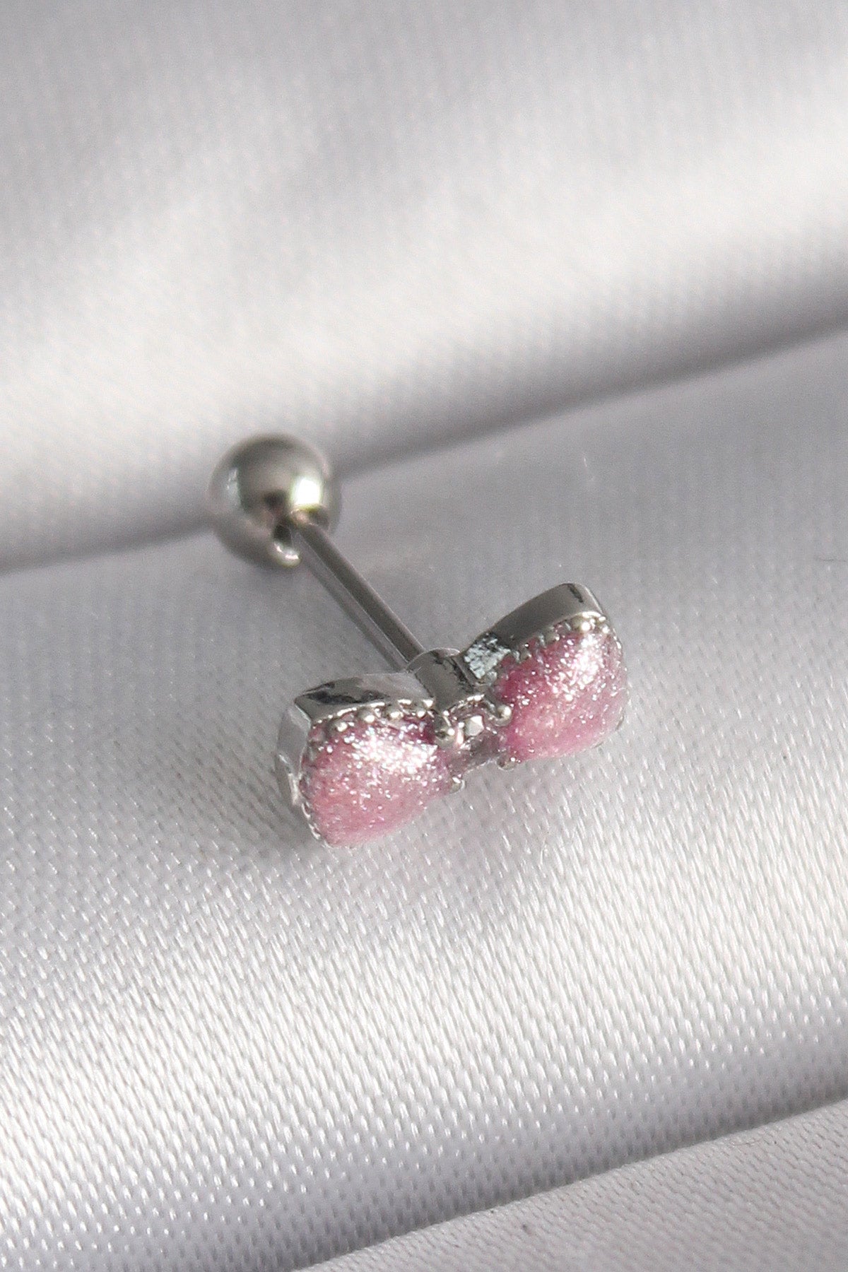316L Çelik Gümüş Renk Pembe Kurdele Zirkon Taş Detay Tragus Piercing - PR1295