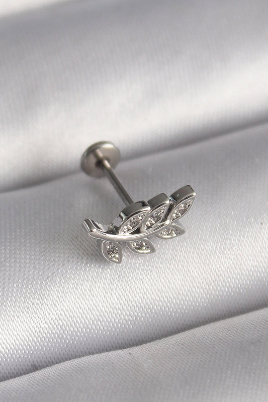 PR1343 - 316L Çelik Gümüş Renk Dal Model Zirkon Taş Detaylı Tragus Piercing